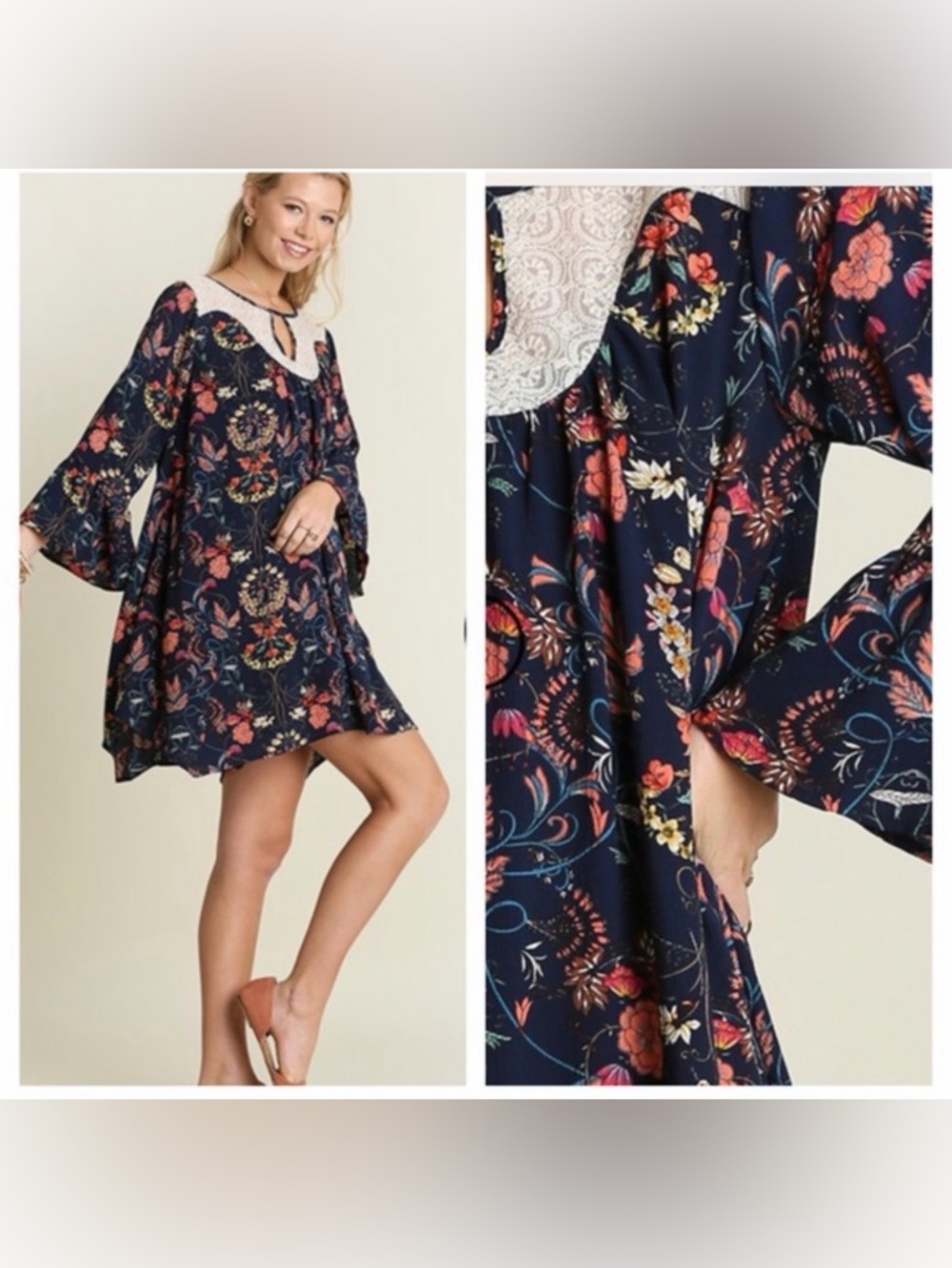 Umgee Babydoll Dress- Navy Floral Print with Lace Detail